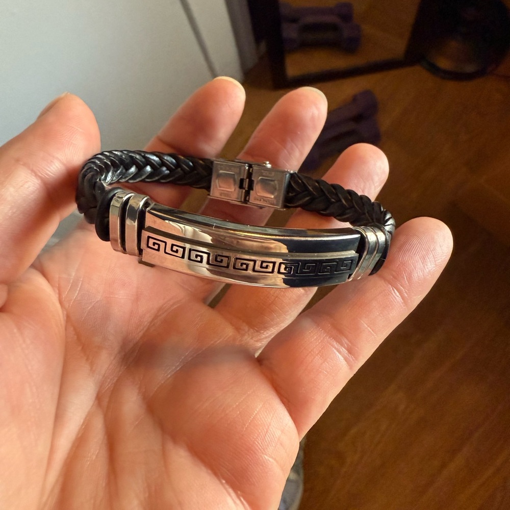 Men's Black and Silver Bracelet With Greek Key Design Stainless Steel